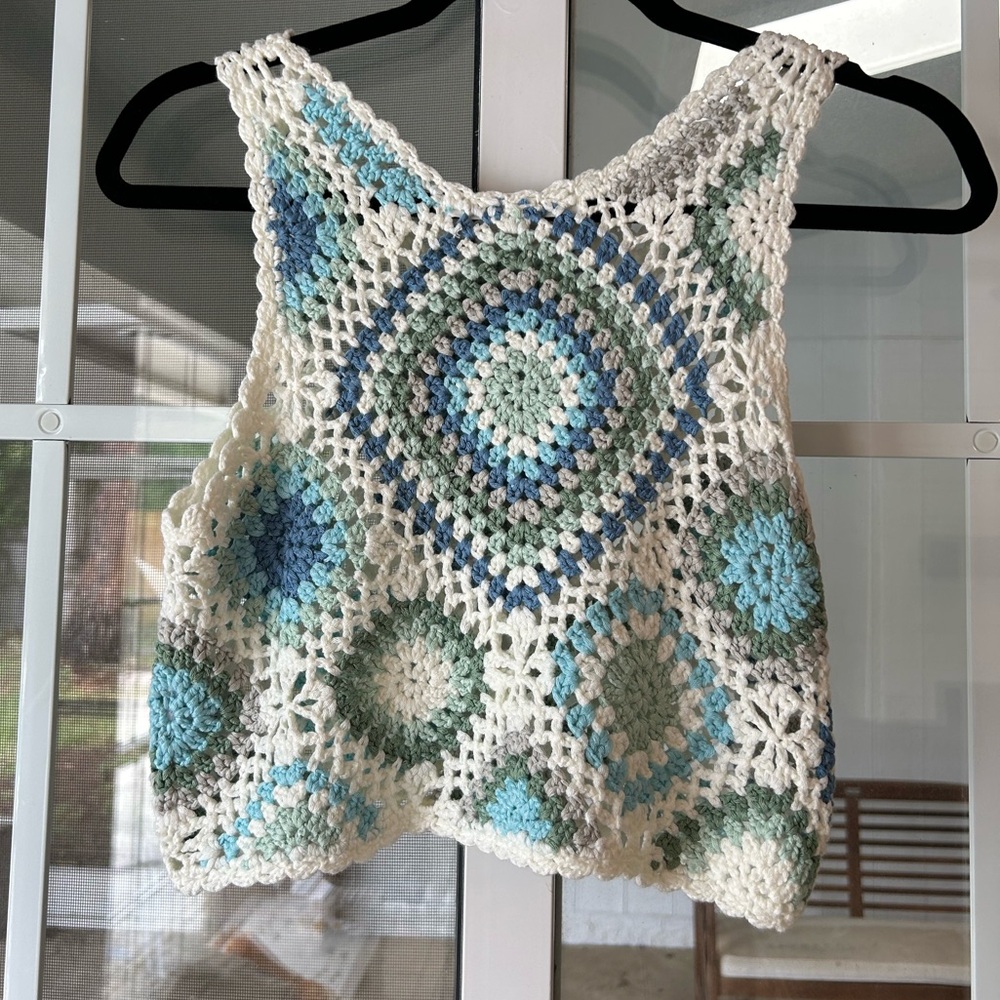 Altar’d state blue green white knit boho crochet crop tank - Picture 7 of 9